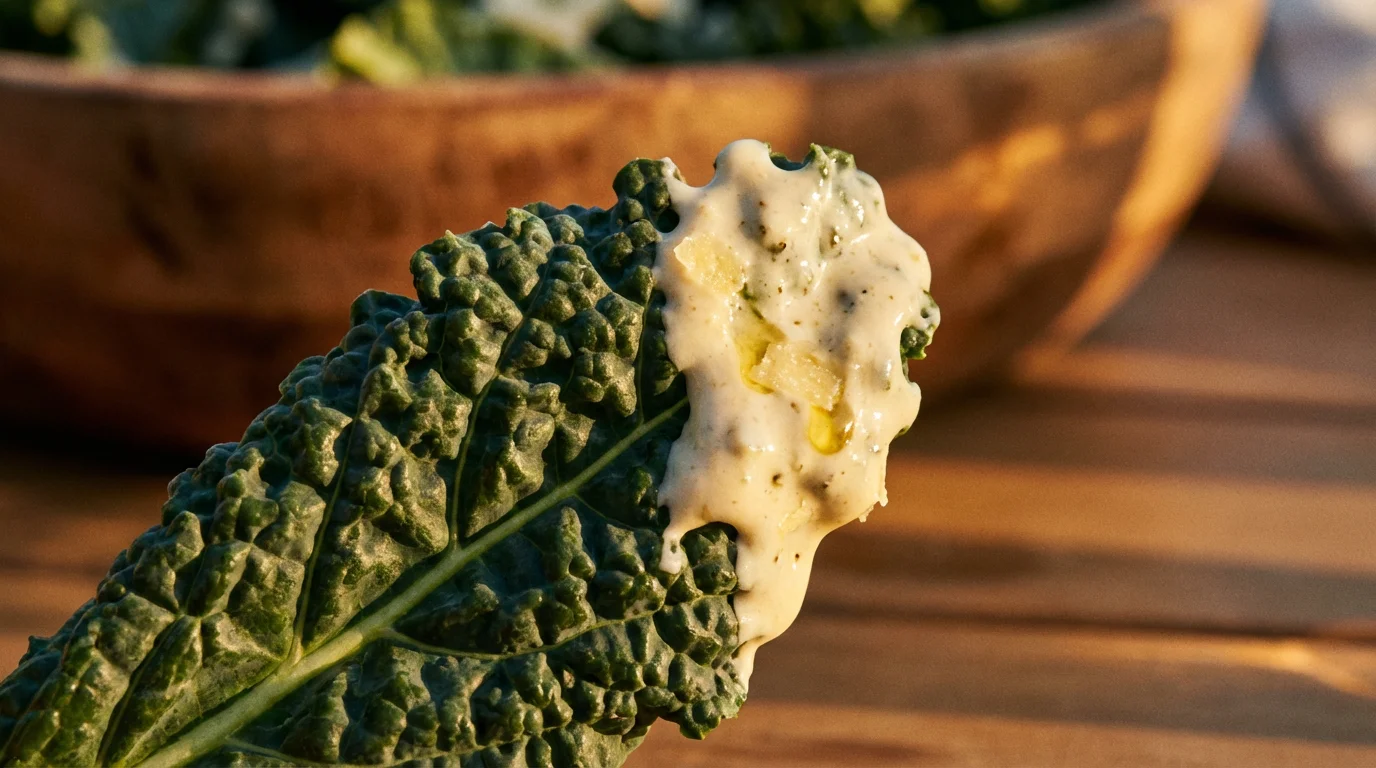 Macro photo of Caesar dressing clinging perfectly to a dry kale leaf at golden hour.