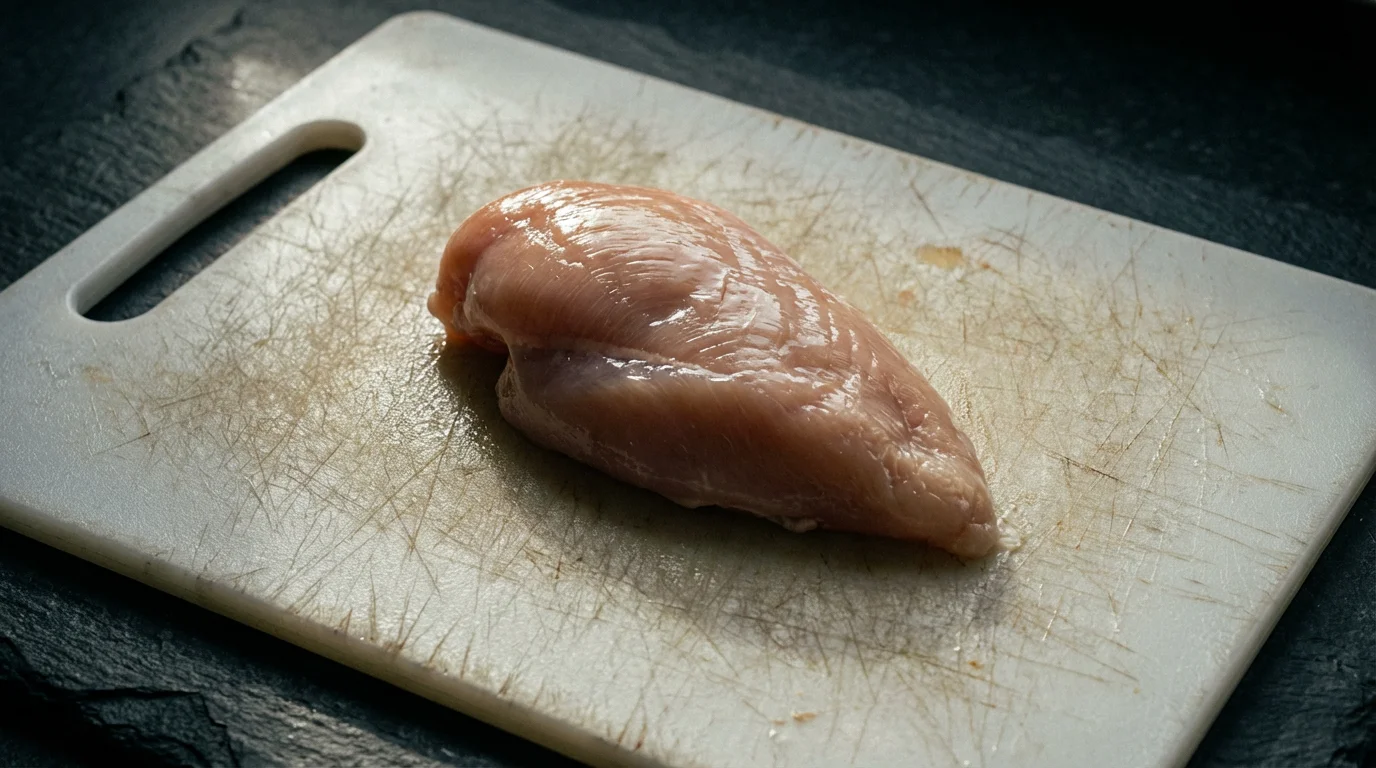 Macro photo of knife scratches on a white plastic cutting board with raw chicken.