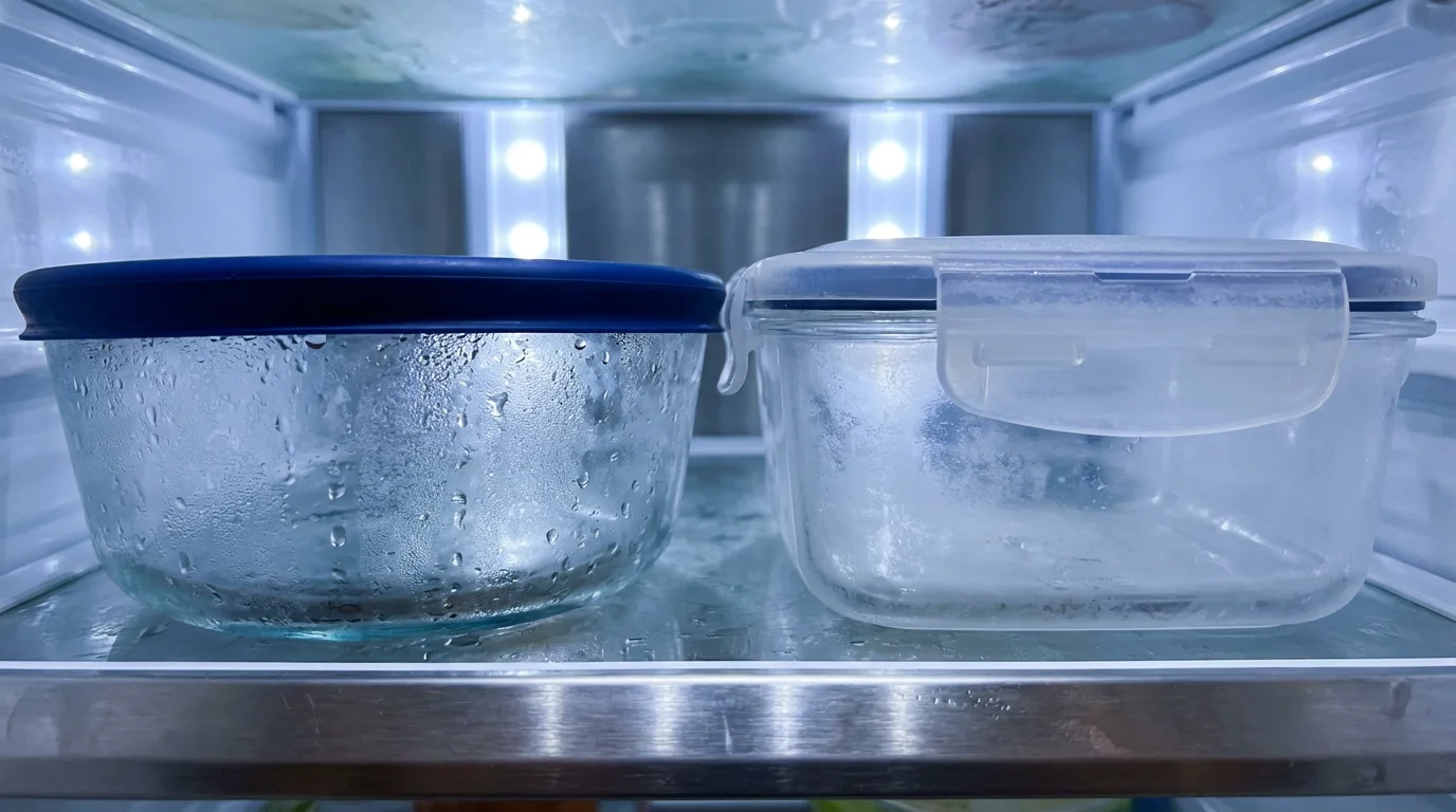 Macro photo of mixed glass and plastic food containers on a stainless steel shelf.