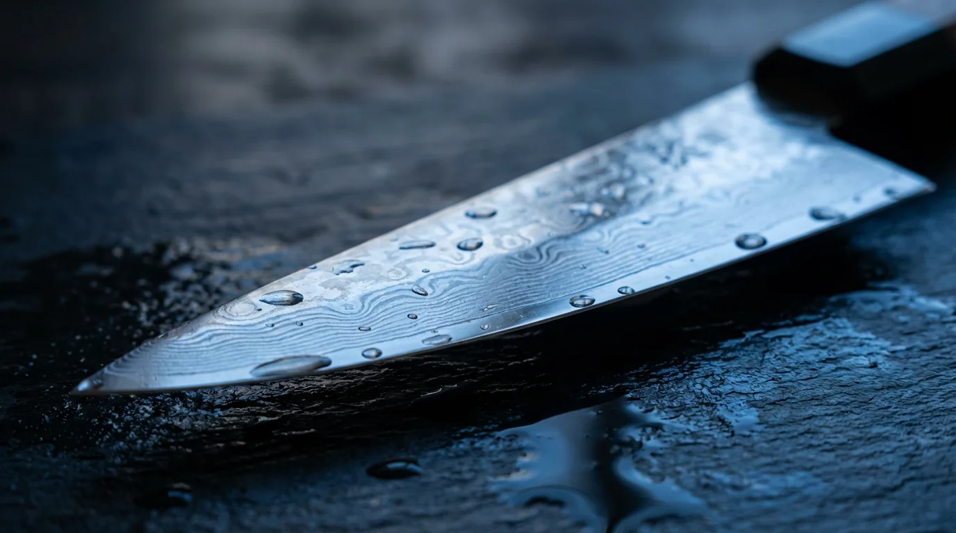 Macro photograph of a high-quality Damascus steel knife blade on a wet slate surface.