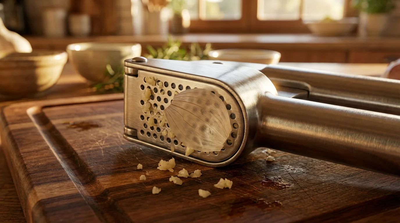 Macro photograph of an open garlic press showing the leftover garlic skin inside.