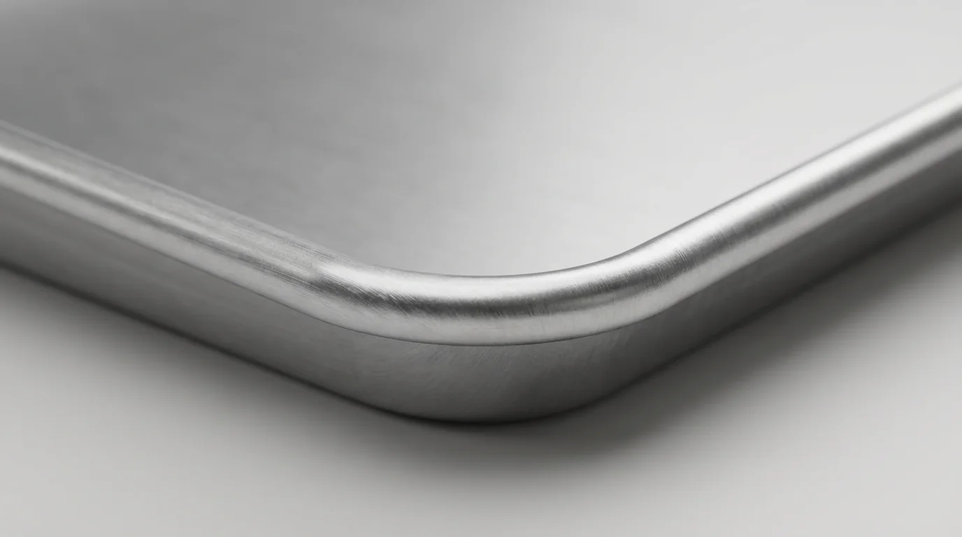 Macro photograph of the brushed texture on the corner of an aluminum baking sheet.