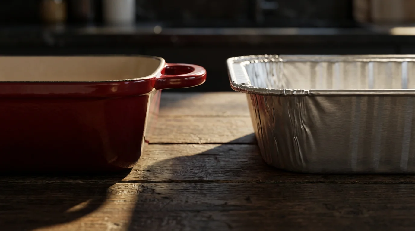 Macro shot comparing a red enameled cast-iron dish with a budget aluminum pan.
