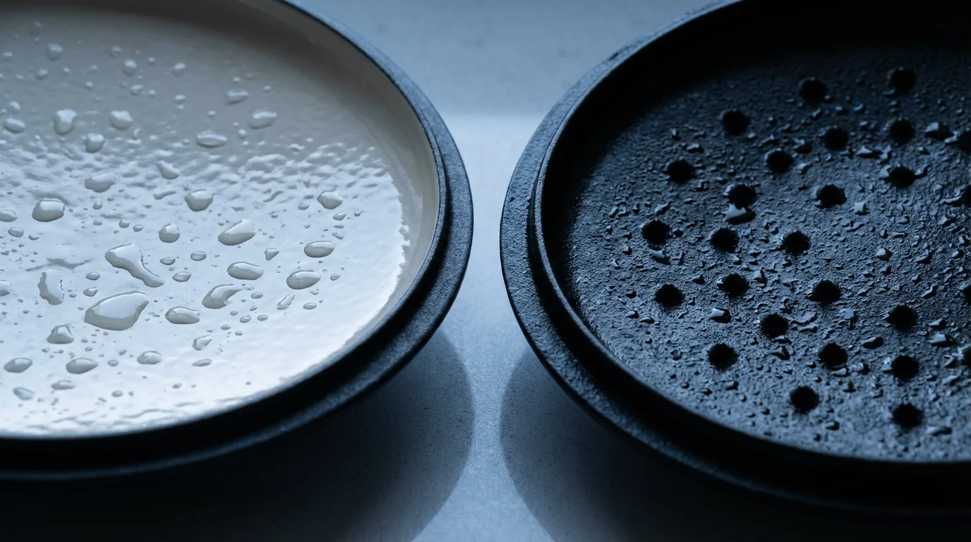 Macro shot comparing the undersides of enameled and bare cast iron Dutch oven lids.