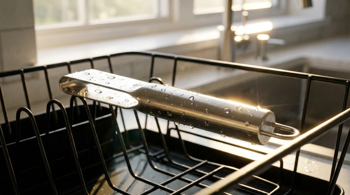 Macro shot of a clean stainless steel herb stripper with water droplets at golden hour.