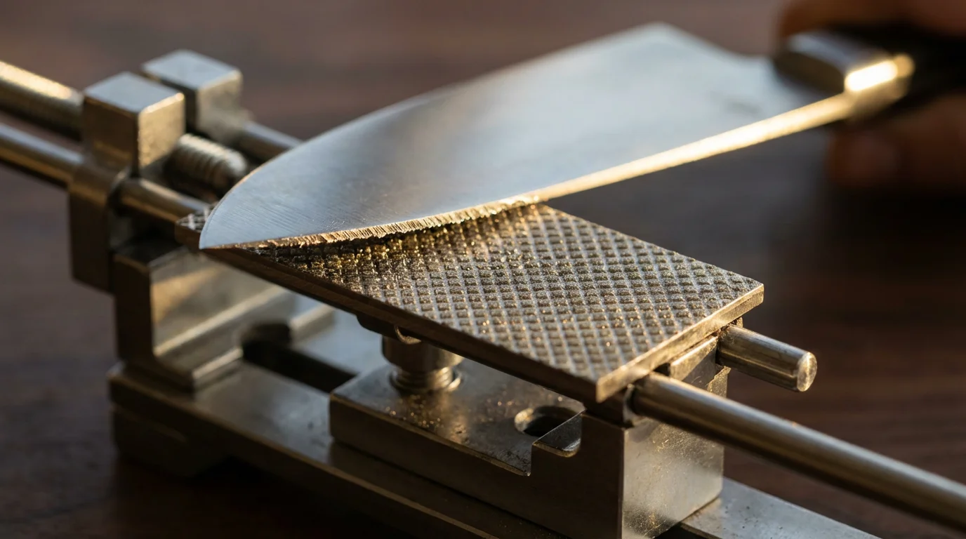 Macro shot of a diamond stone sharpening a knife in a guided system.