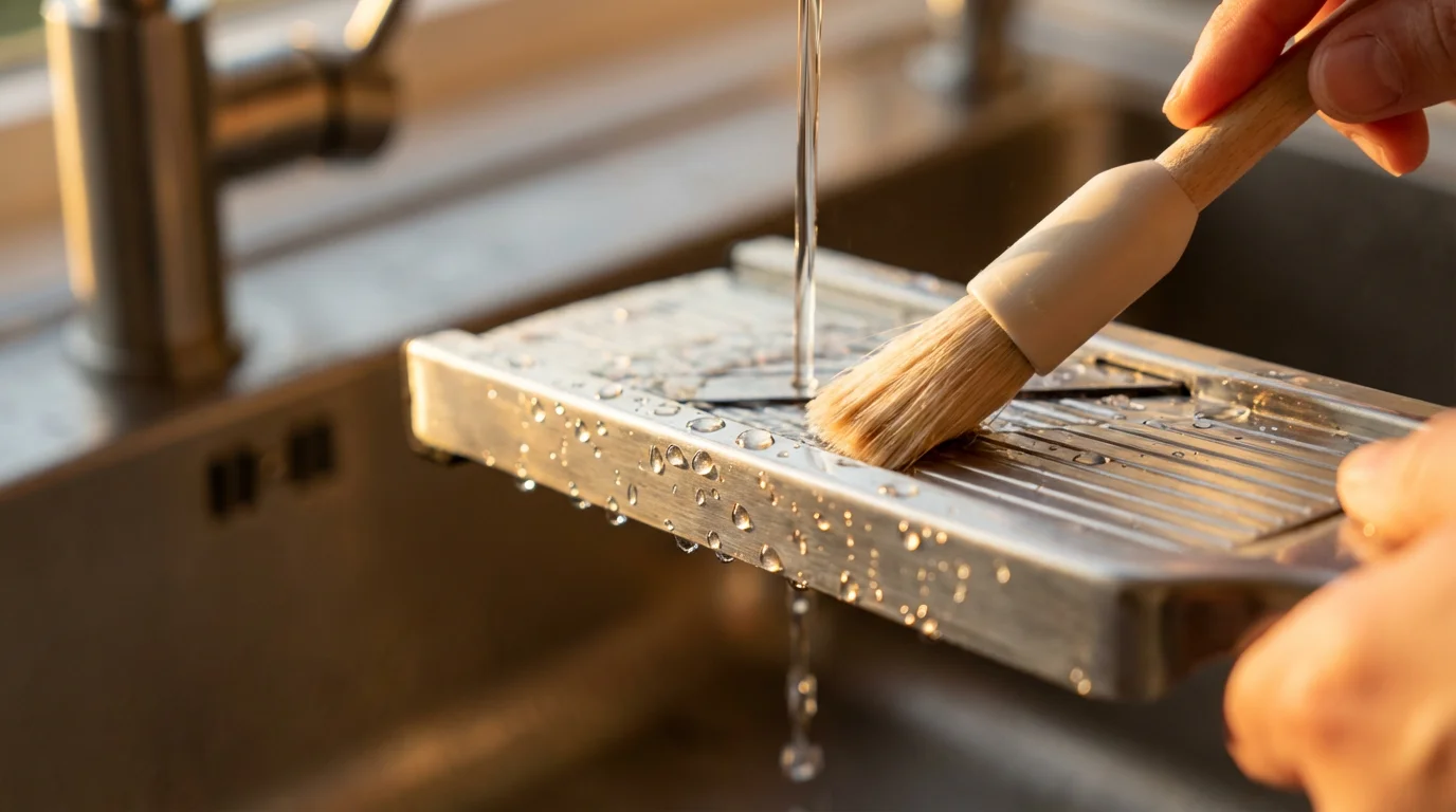 Macro shot of a wet mandoline slicer blade being cleaned with a small brush.