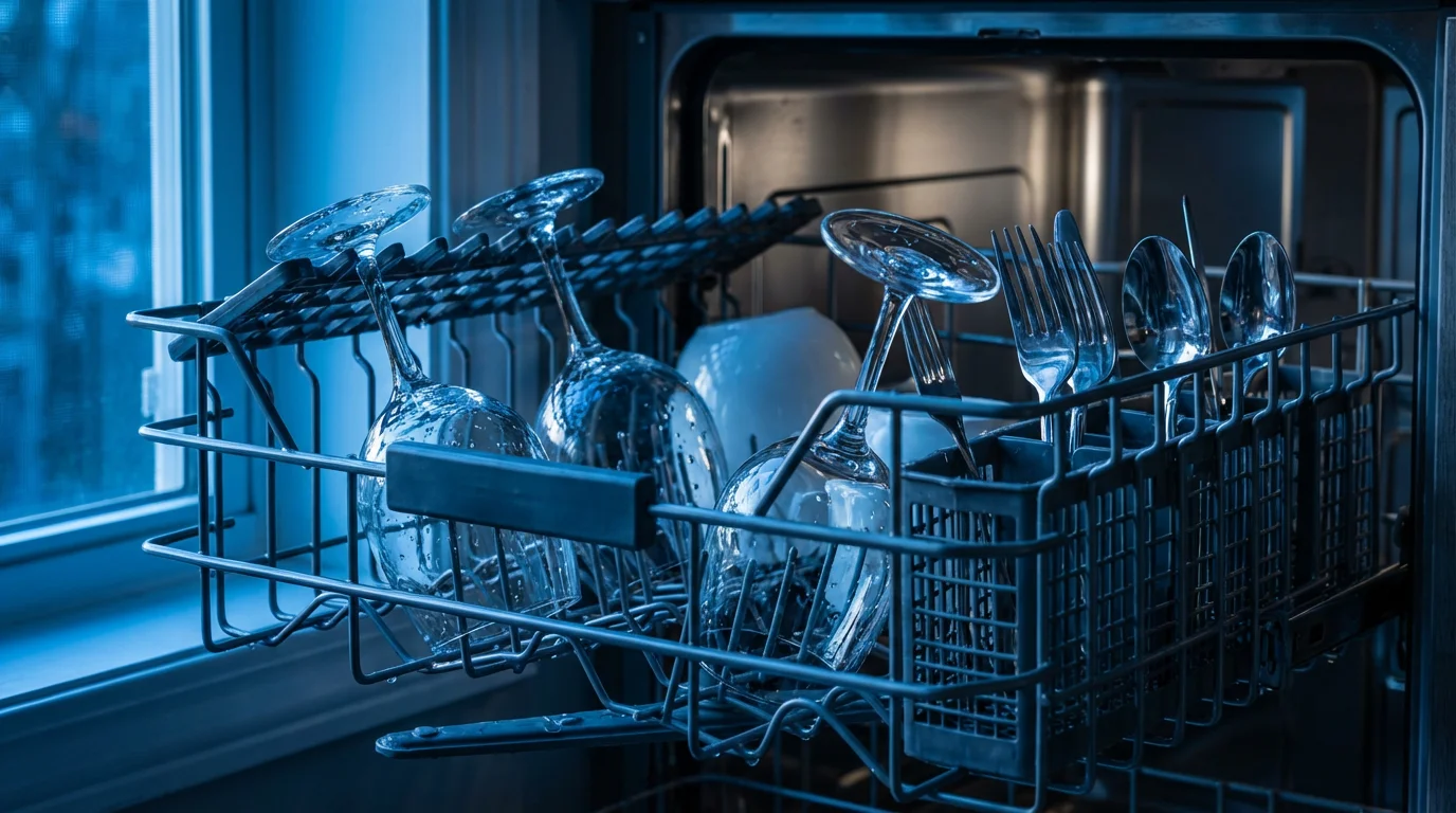 Macro shot of sparkling clean wine glasses in the top rack of a compact dishwasher.