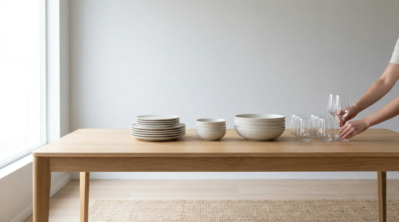 Modern ceramic dinnerware and glassware being arranged on a light wood dining table.