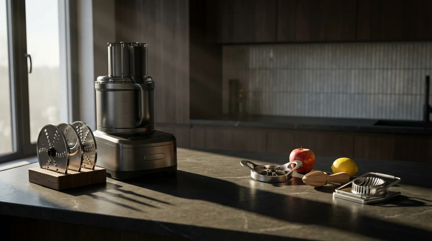 Modern kitchen counter with a food processor opposite several single-task kitchen gadgets.