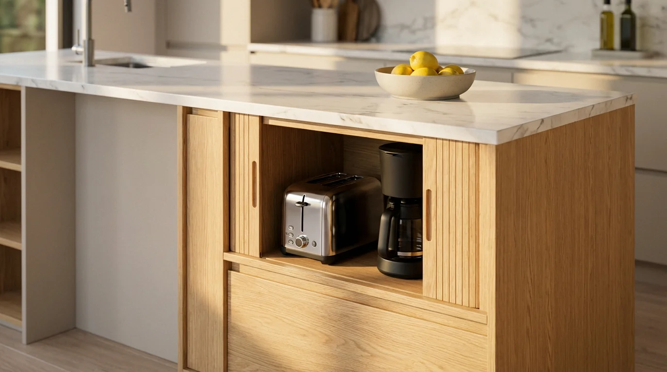 Modern kitchen island with an open appliance garage hiding a toaster and coffee maker.