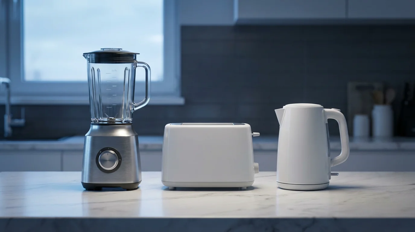 Modern small kitchen appliances, including a blender and toaster, on a marble countertop.