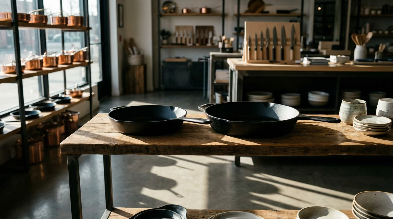 New 10-inch and 12-inch cast iron skillets displayed on a wooden store shelf.