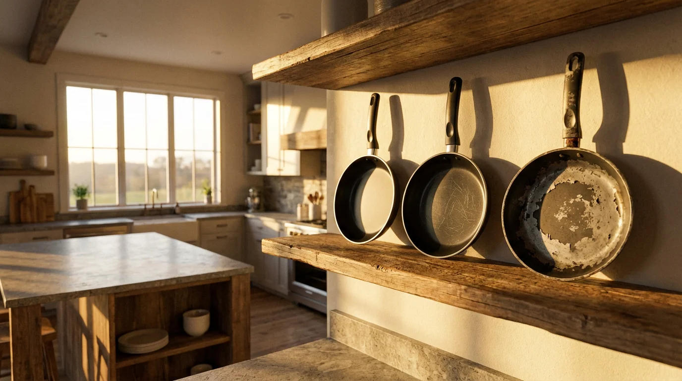 Old and new non-stick pans arranged by age on a rustic kitchen shelf.