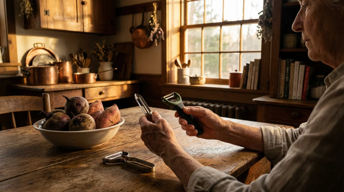 Older hands thoughtfully compare different ergonomic vegetable peelers on a sunlit wooden kitchen table.