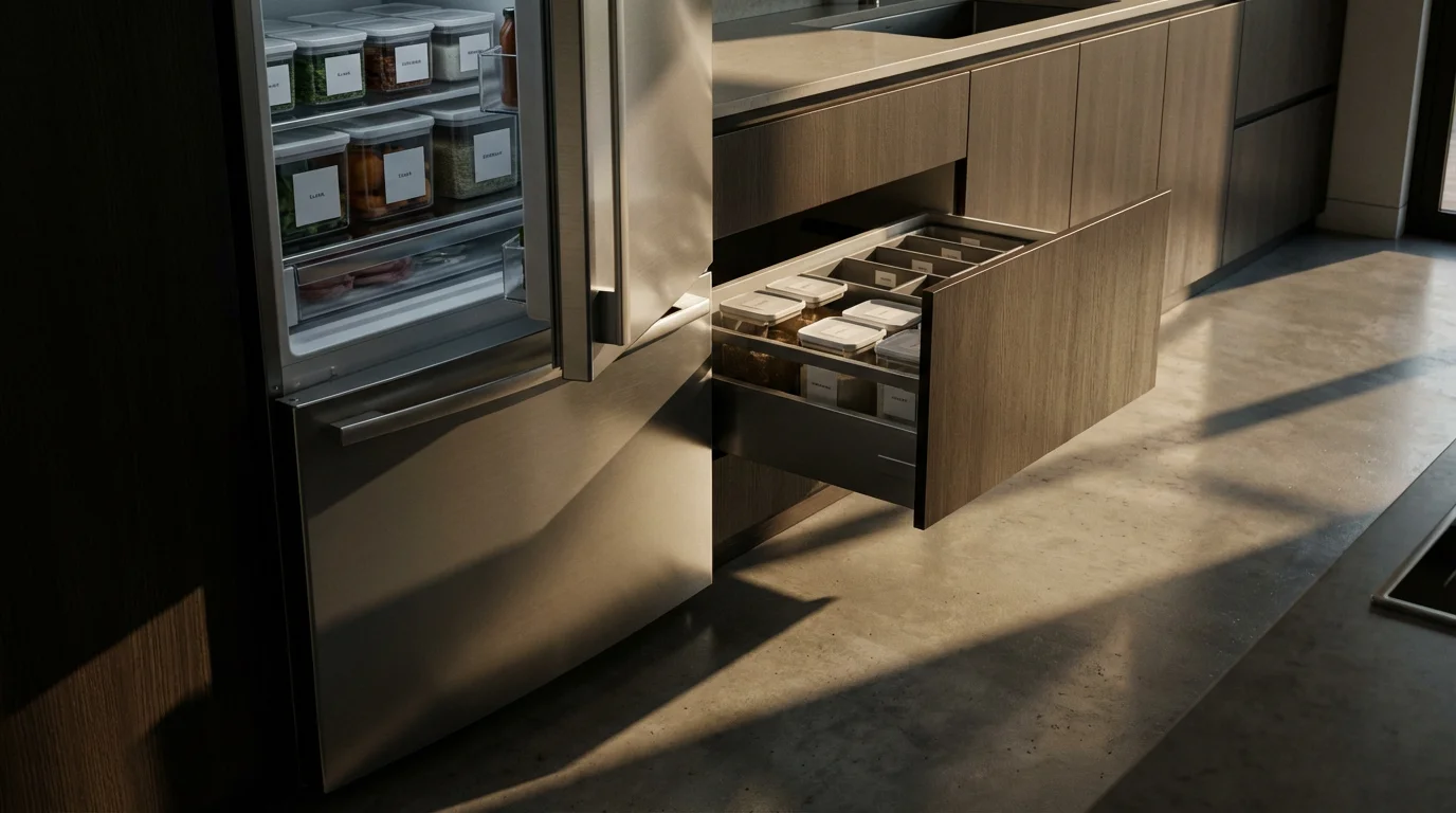 Organized modern kitchen with labeled refrigerator bins and an open drawer in afternoon light.