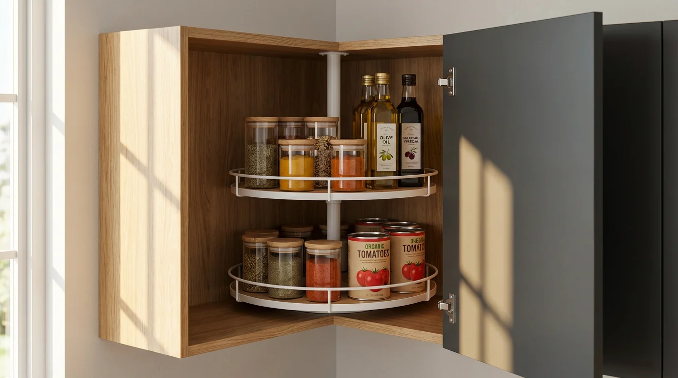 Organized two-tier lazy susan inside a modern kitchen corner cabinet with jars and bottles.