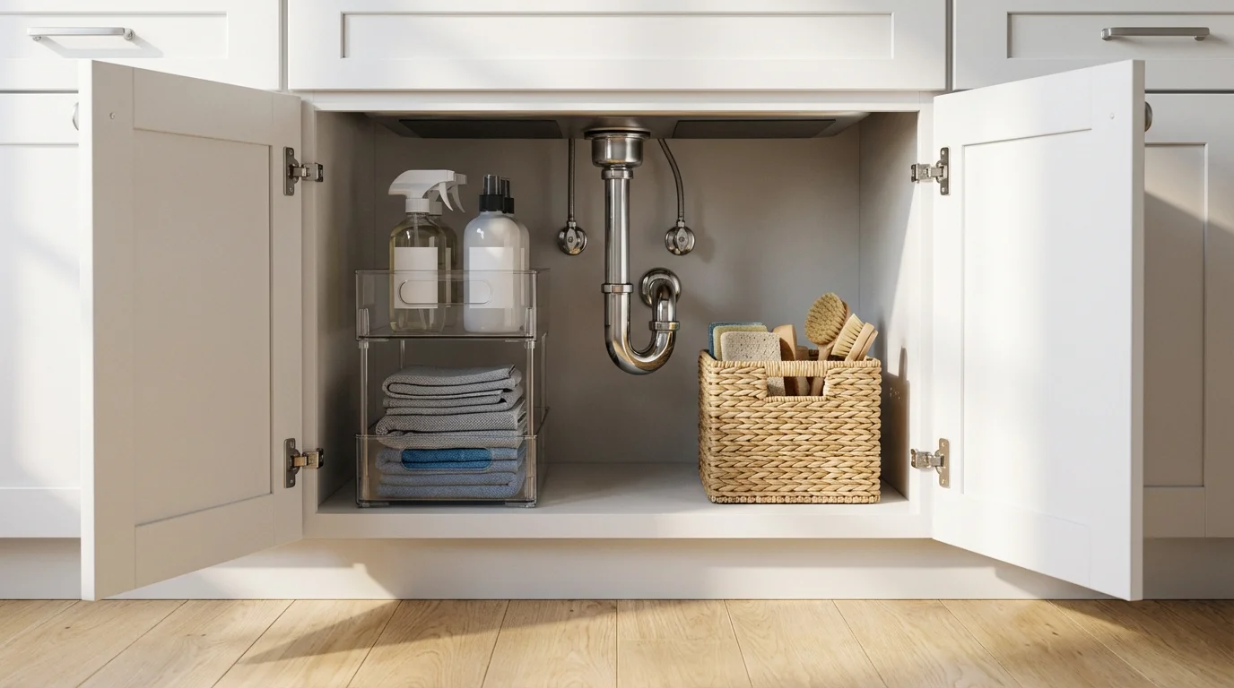 Organized under-sink kitchen cabinet with clear stackable bins and a natural woven basket.