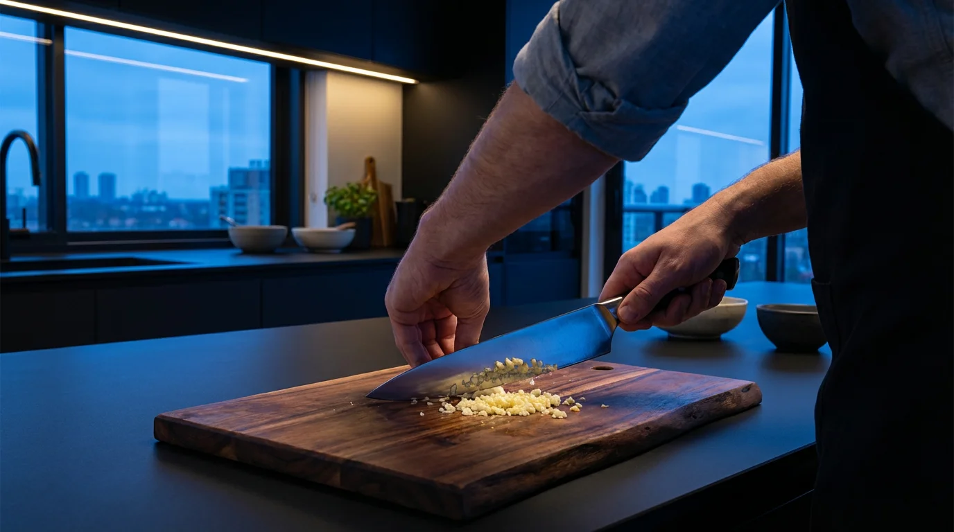 Over-the-shoulder photo of hands using a chef's knife to mince garlic on a wood board.