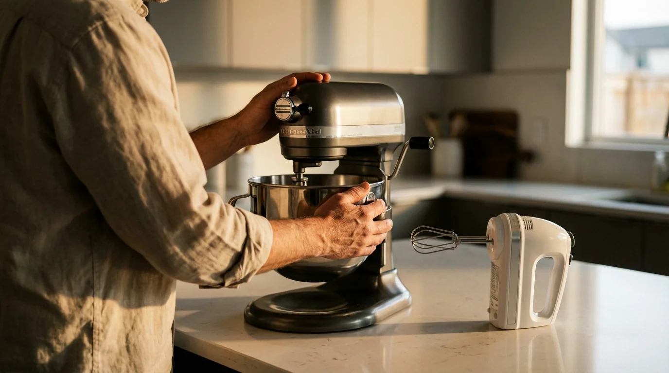 Over-the-shoulder shot of a person in a sunlit kitchen comparing a stand mixer and a hand mixer.