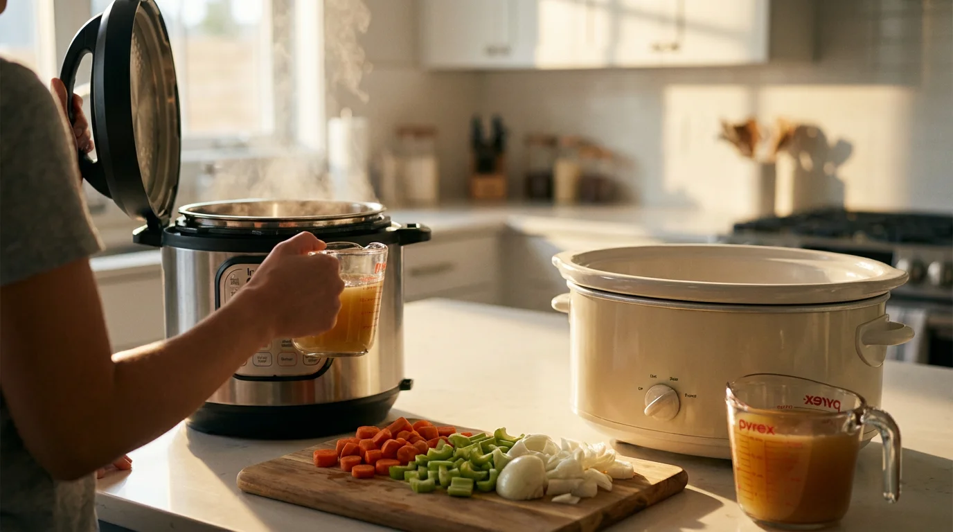 Over-the-shoulder shot of a person measuring liquid for an Instant Pot vs a slow cooker.