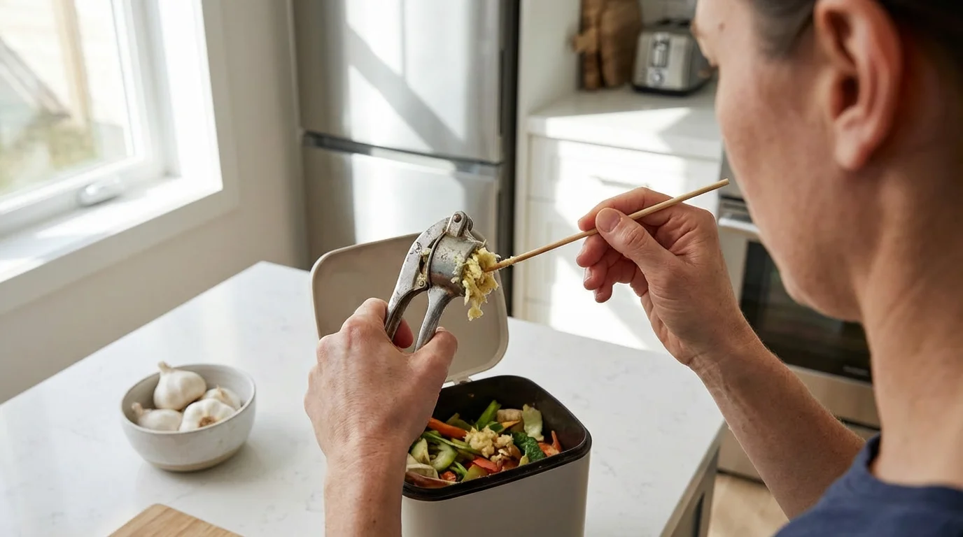 Over-the-shoulder shot of a person's hands struggling to clean a clogged metal garlic press.