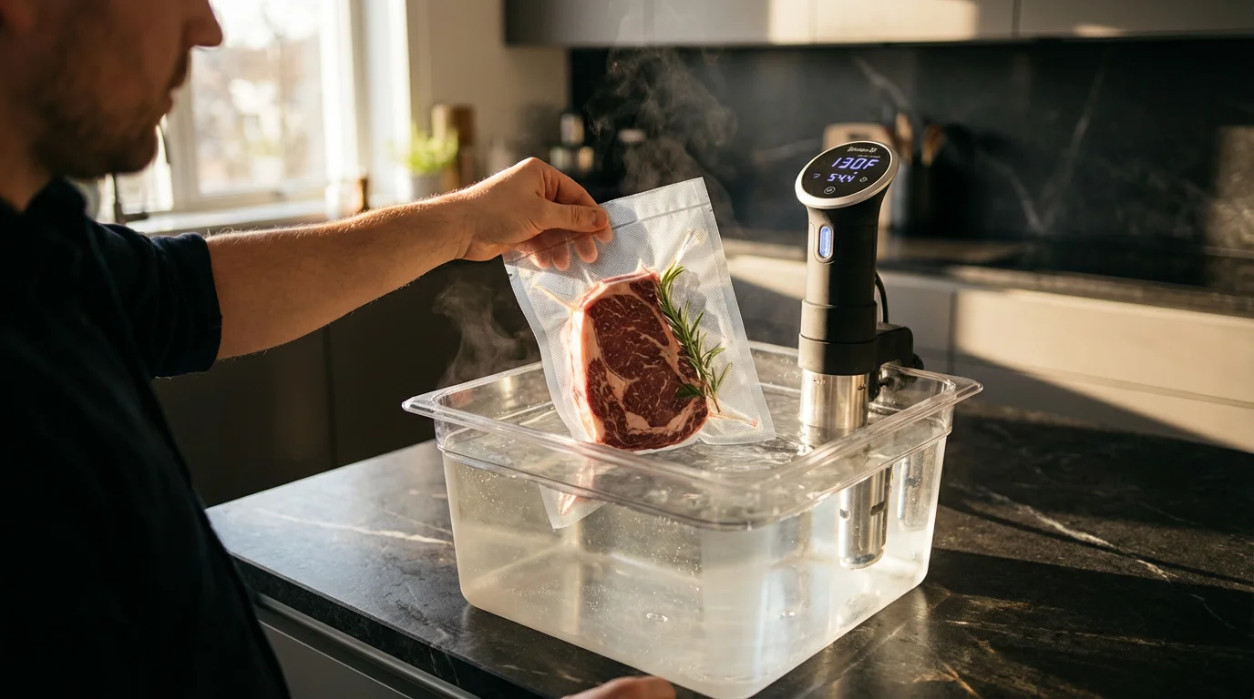 Over-the-shoulder shot of a steak in a vacuum-sealed bag being lowered into a sous vide water bath.