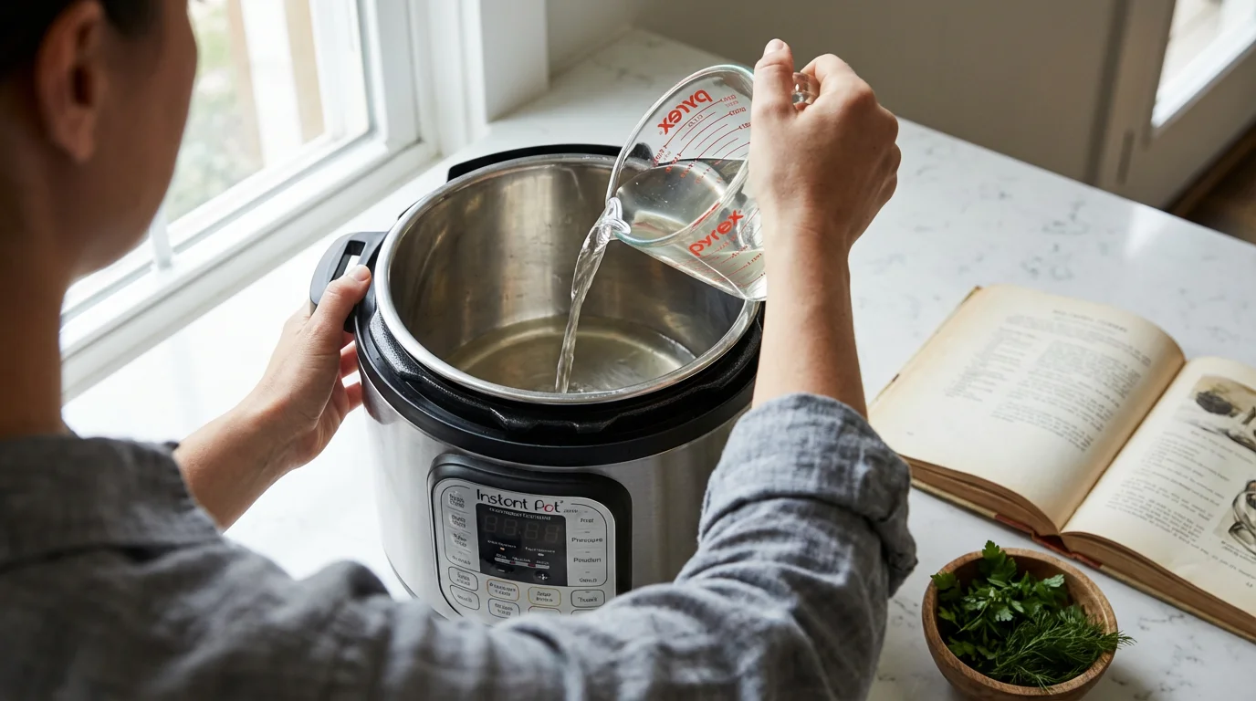 Over-the-shoulder shot of hands pouring liquid from a measuring cup into a multi-cooker pot.