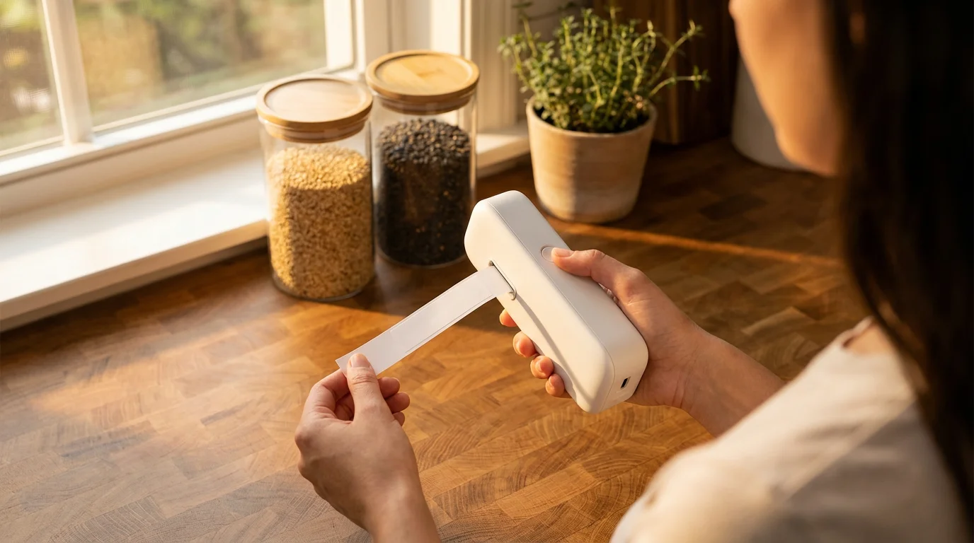 Over-the-shoulder shot of hands using a label maker in a sunlit kitchen.