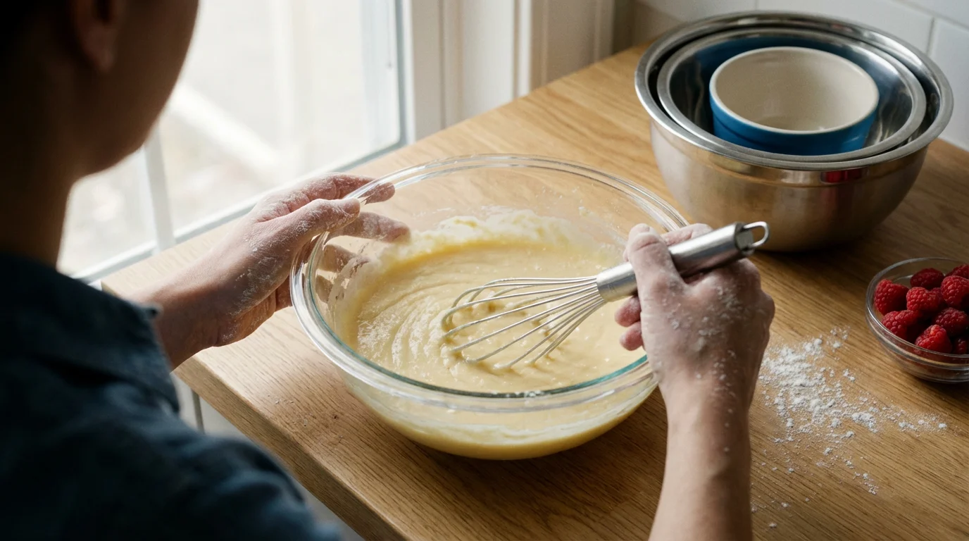 Over-the-shoulder shot of hands whisking batter in a glass bowl beside other stacked bowls.