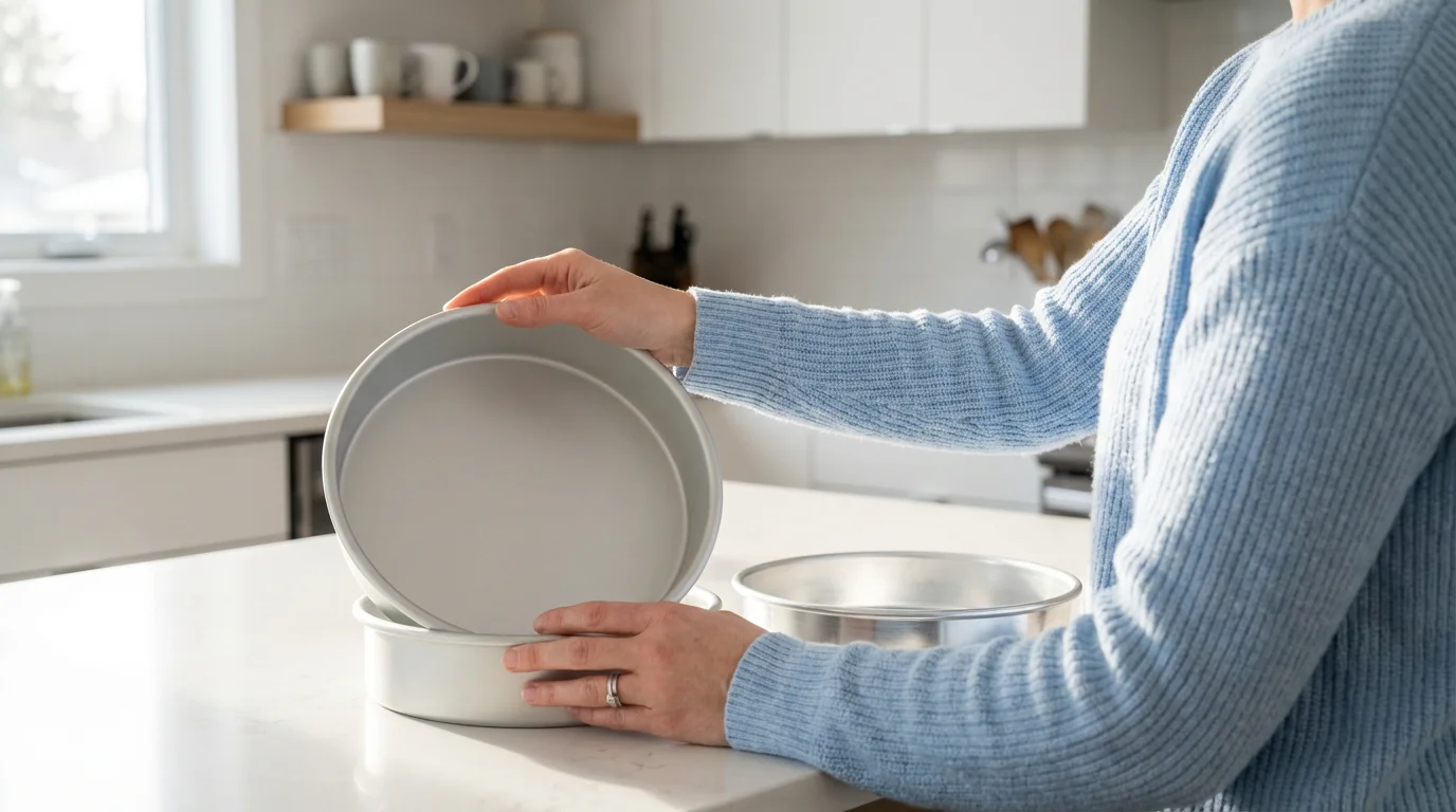 Over-the-shoulder view of a baker comparing a pro-grade and a basic round cake pan.