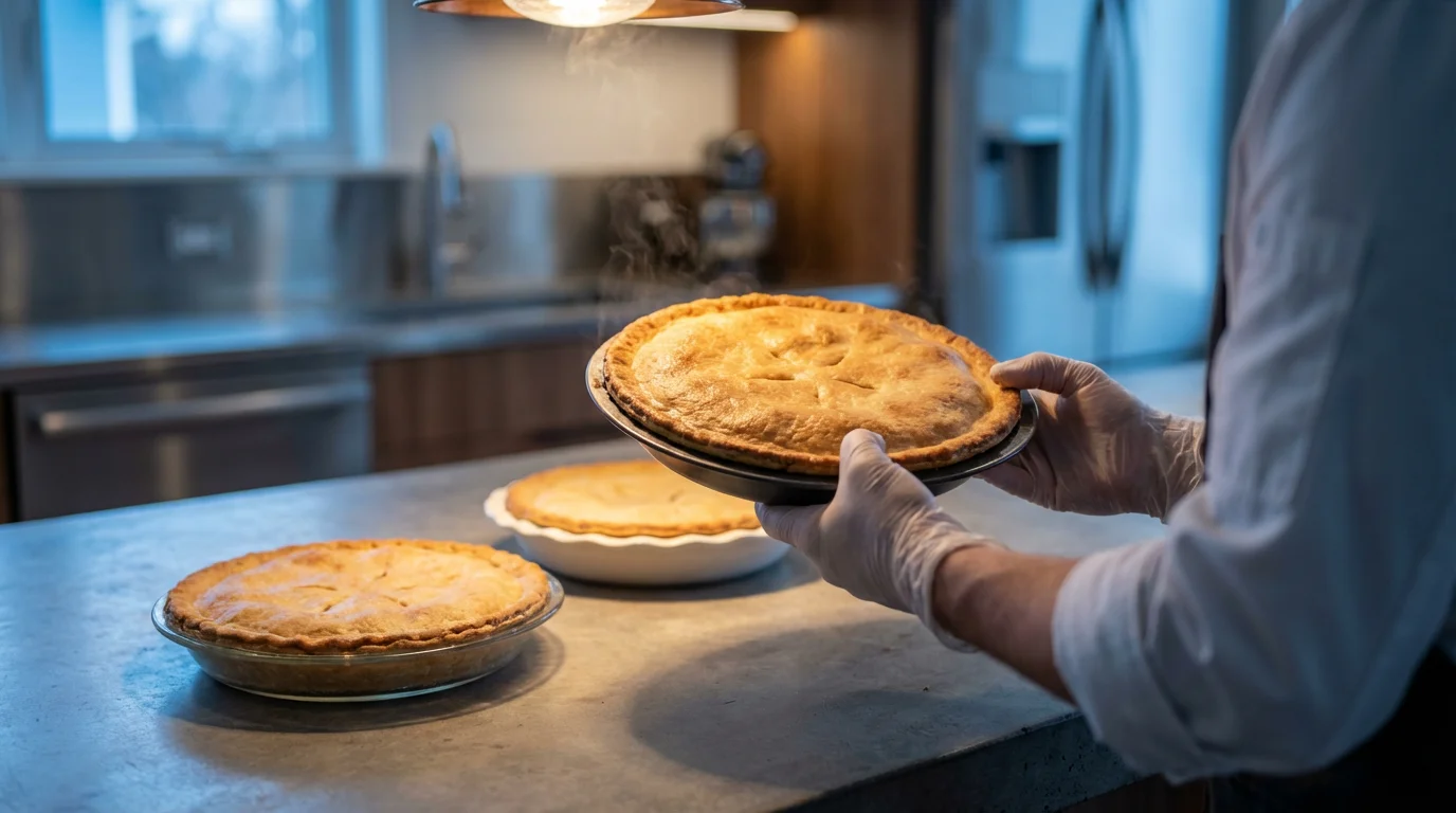 Over-the-shoulder view of a baker inspecting the golden bottom crust of a pie.