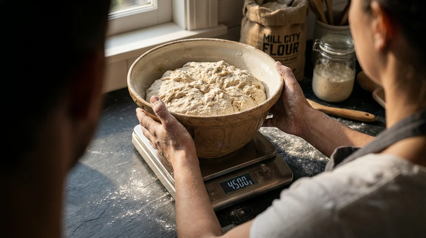 Over-the-shoulder view of a baker weighing a large bowl of bread dough on a digital kitchen scale.