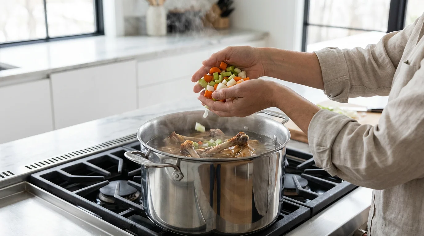 Over-the-shoulder view of a chef adding fresh vegetables to a large stockpot.