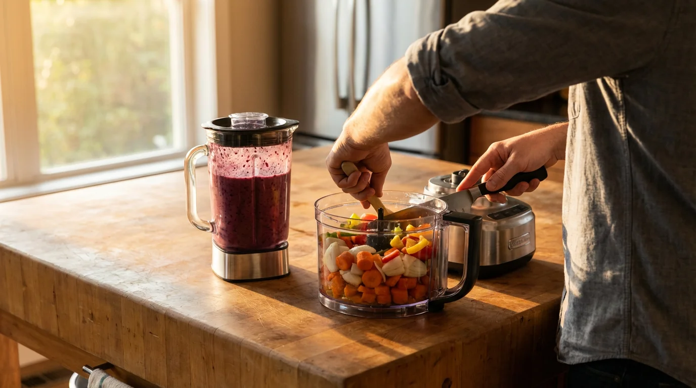Over-the-shoulder view of a food processor and blender side-by-side on a sunlit kitchen counter.