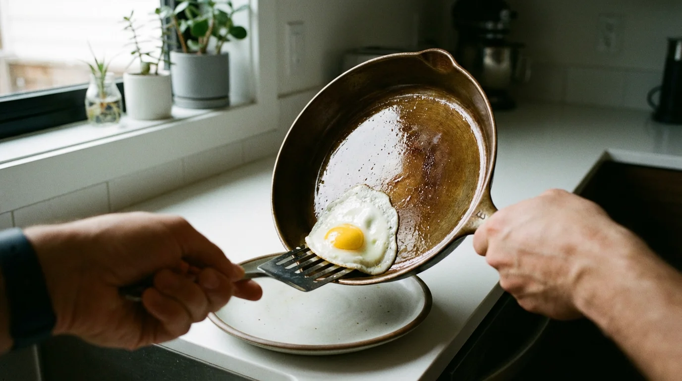 Over-the-shoulder view of a perfect fried egg sliding out of a cast iron skillet.