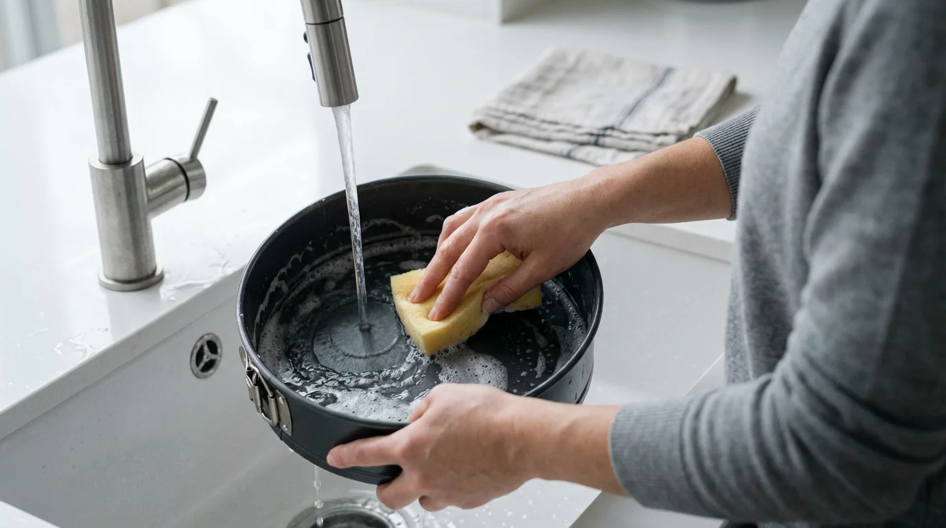 Over-the-shoulder view of a person carefully hand-washing a dark springform pan in a sink.