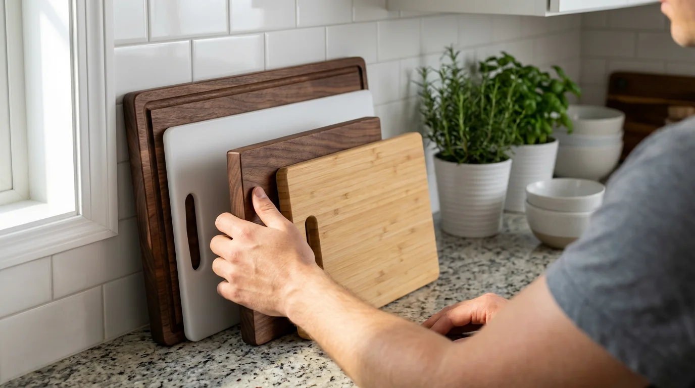 Over-the-shoulder view of a person choosing between wood, plastic, and bamboo cutting boards.