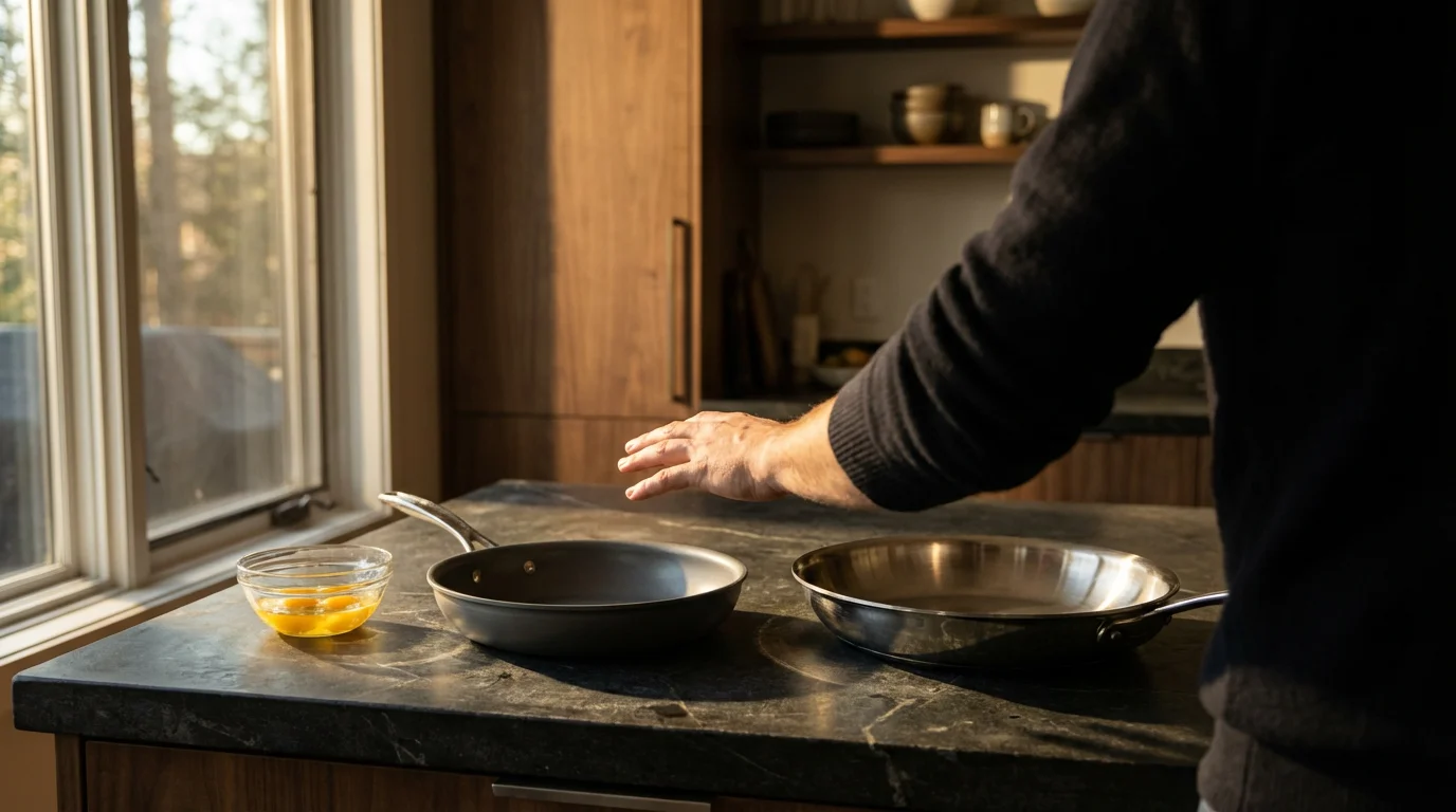 Over-the-shoulder view of a person choosing between a non-stick and a stainless steel pan.