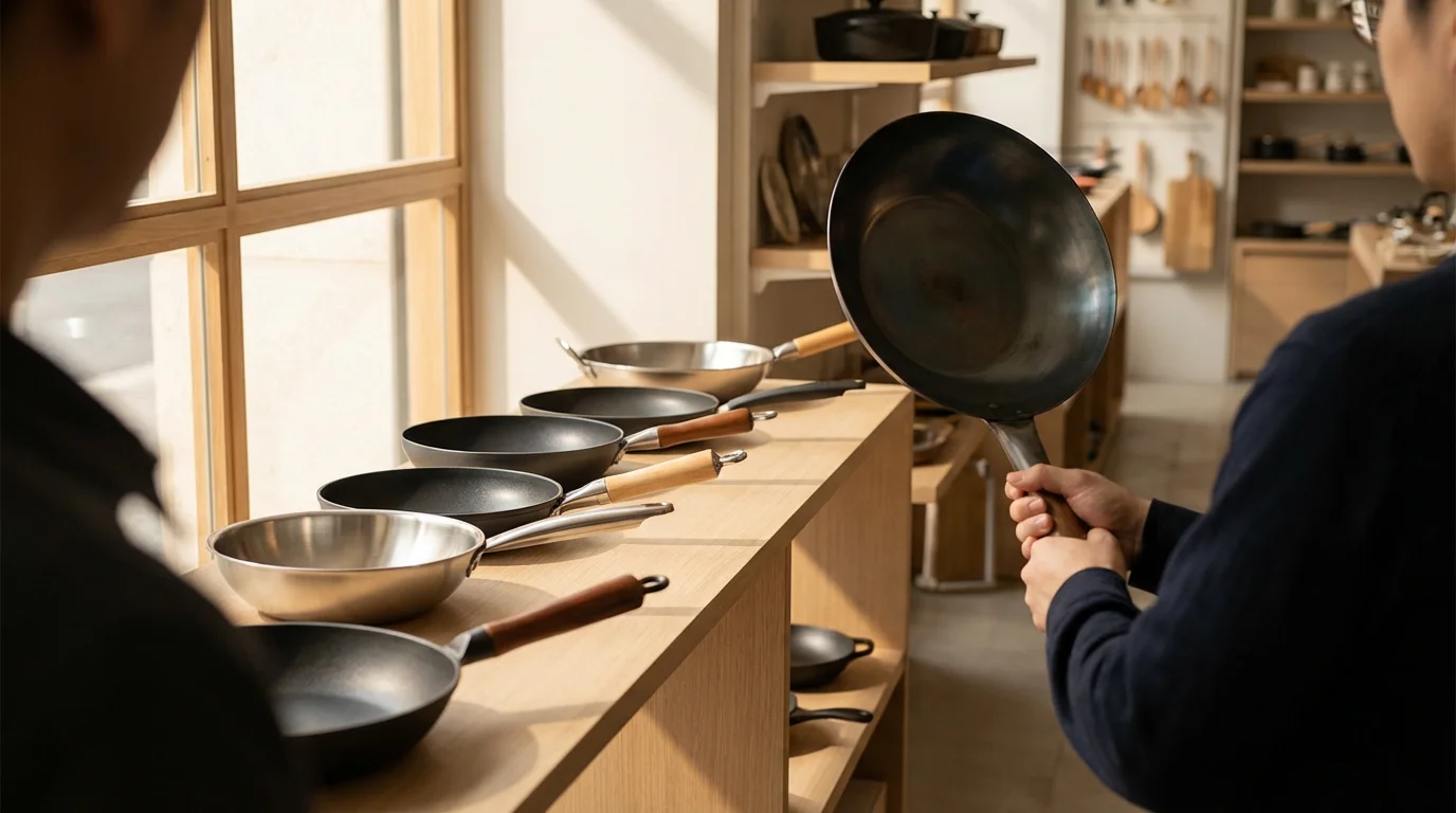 Over-the-shoulder view of a person choosing from various woks on a store shelf.