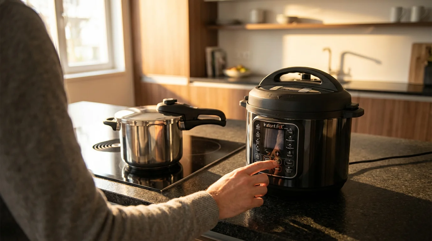 Over-the-shoulder view of a person choosing between a stovetop and an electric pressure cooker.