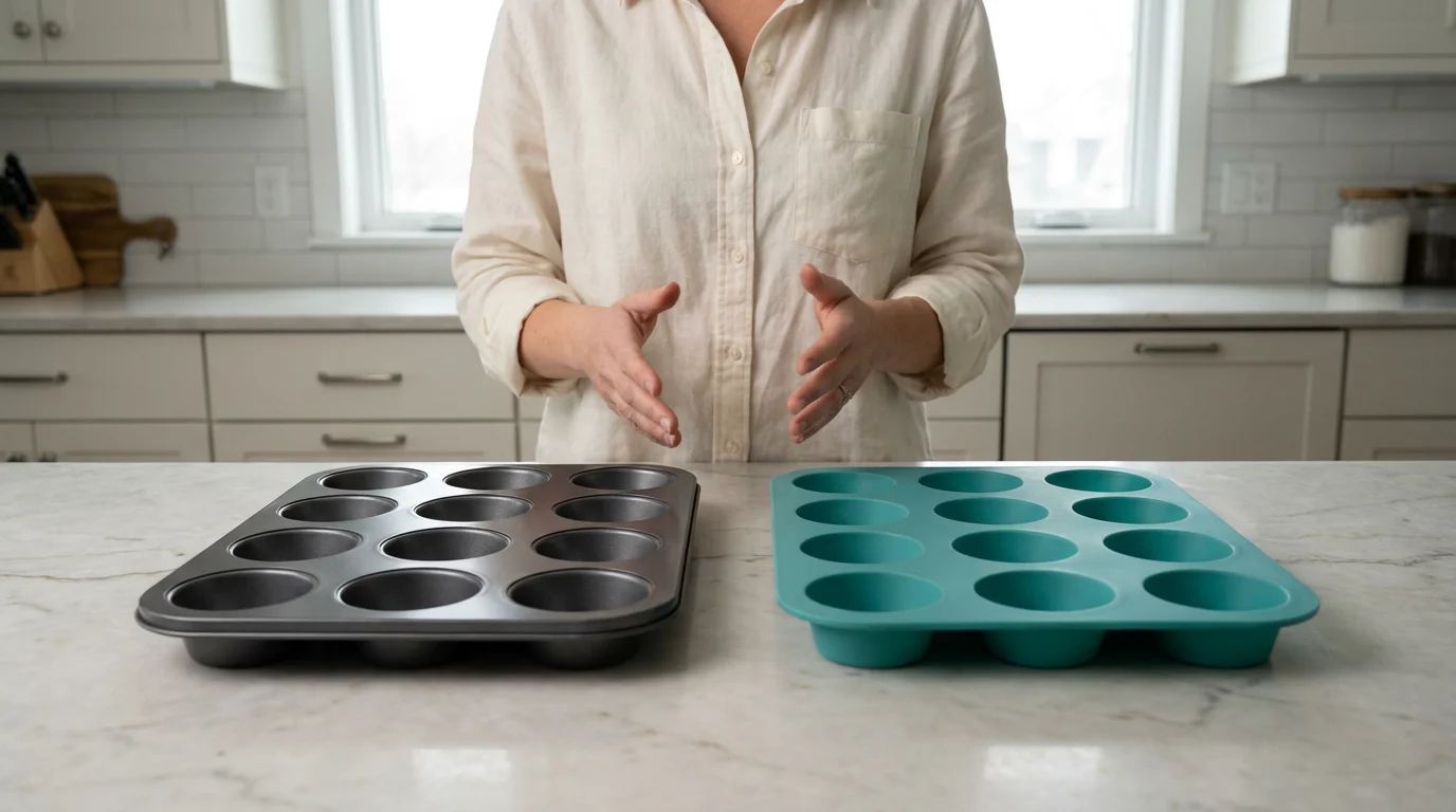 Over-the-shoulder view of a person choosing between a metal and a silicone muffin pan.