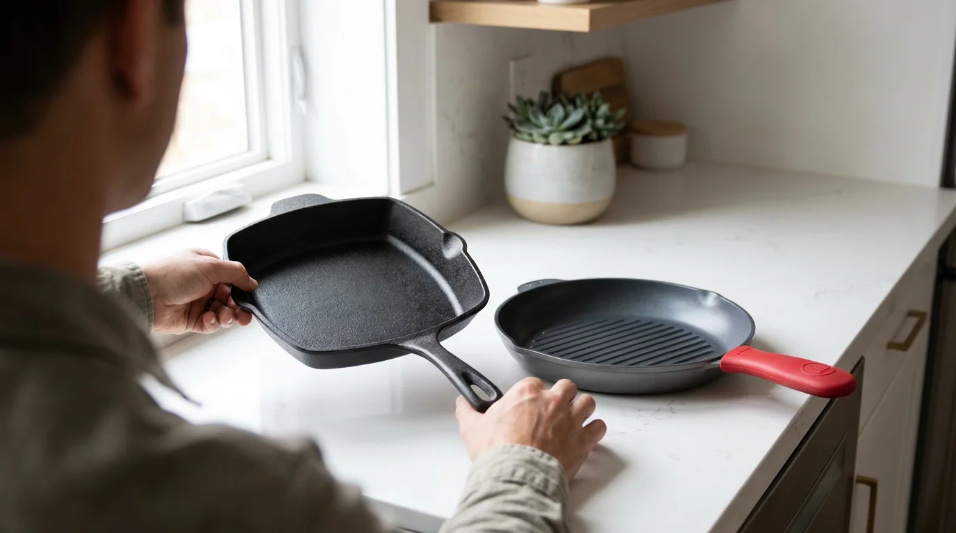 Over-the-shoulder view of a person comparing a cast-iron and non-stick grill pan.