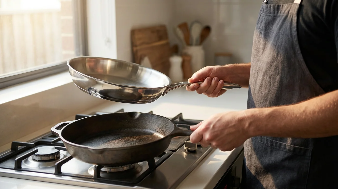 Over-the-shoulder view of a person comparing a stainless steel pan and cast iron skillet.