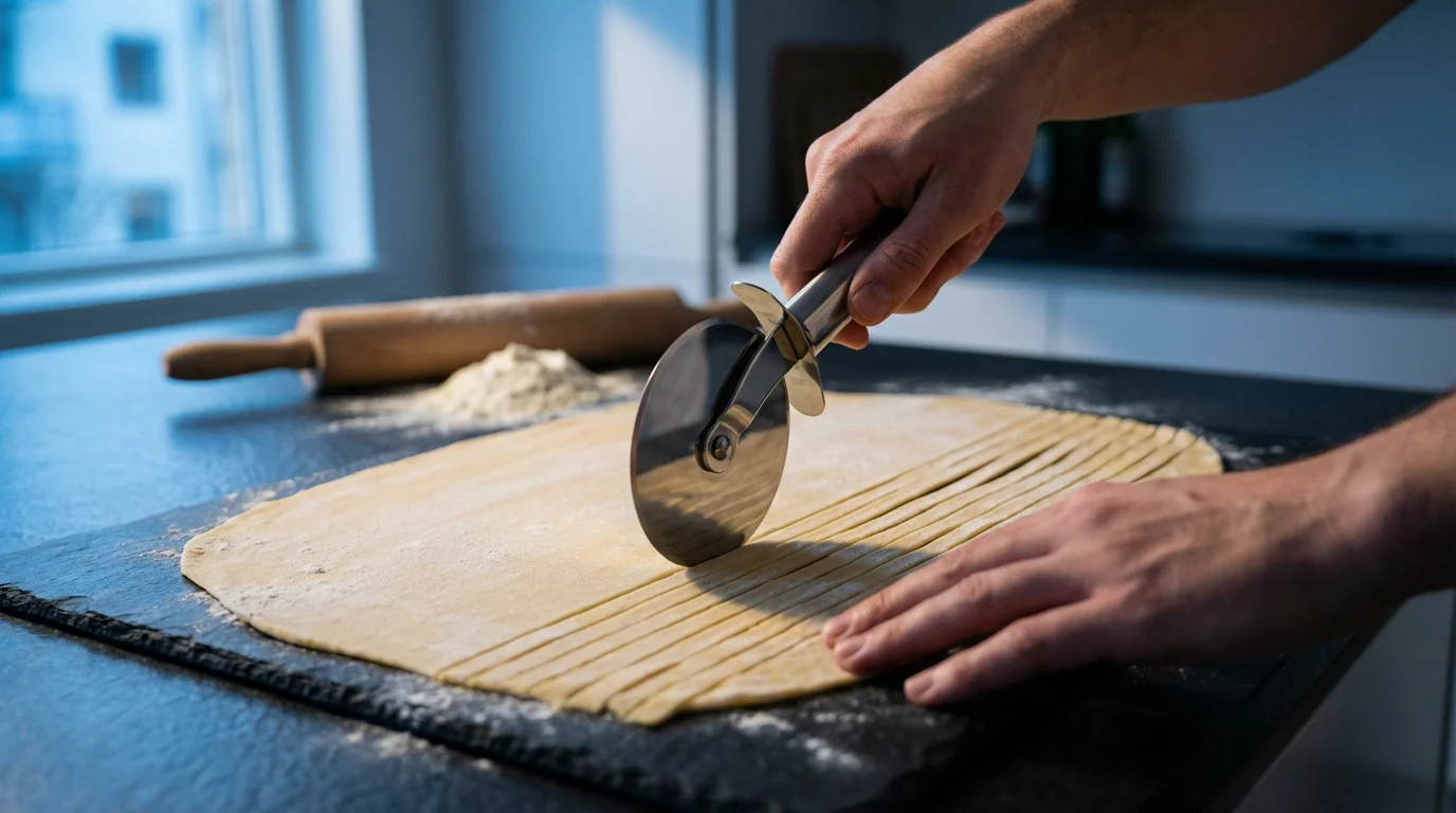 Over-the-shoulder view of a person cutting fresh pasta dough with a wheel pizza cutter.