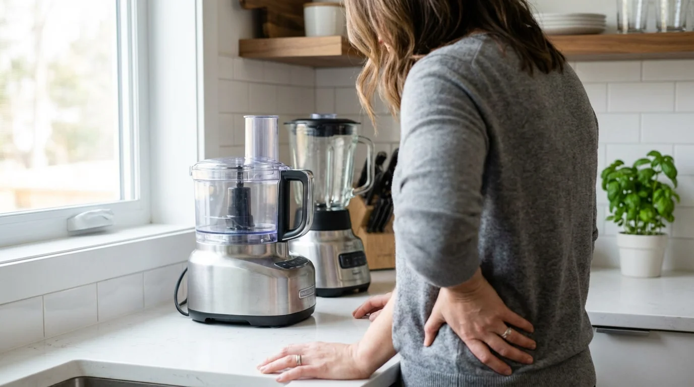 Over-the-shoulder view of a person deciding between a food processor and a blender.