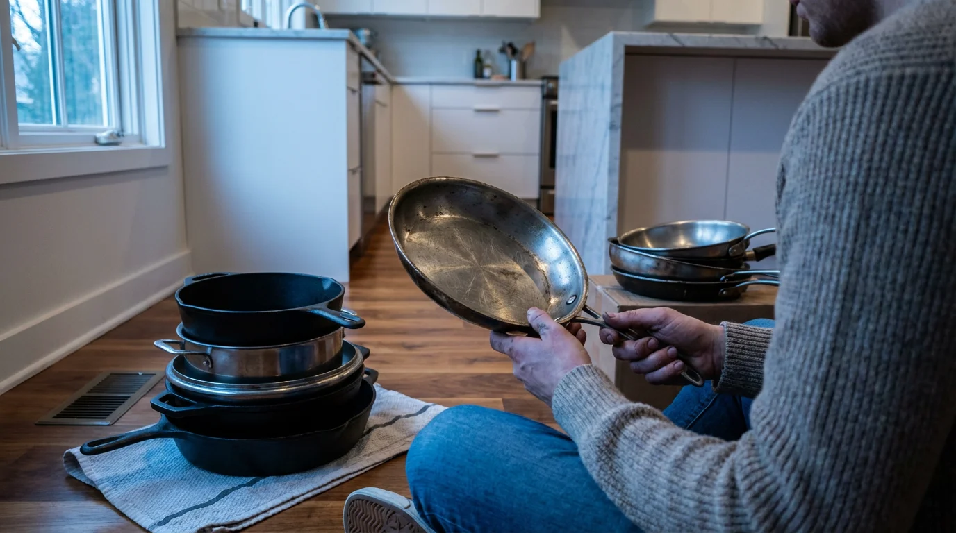 Over-the-shoulder view of a person decluttering pots and pans on a kitchen floor.
