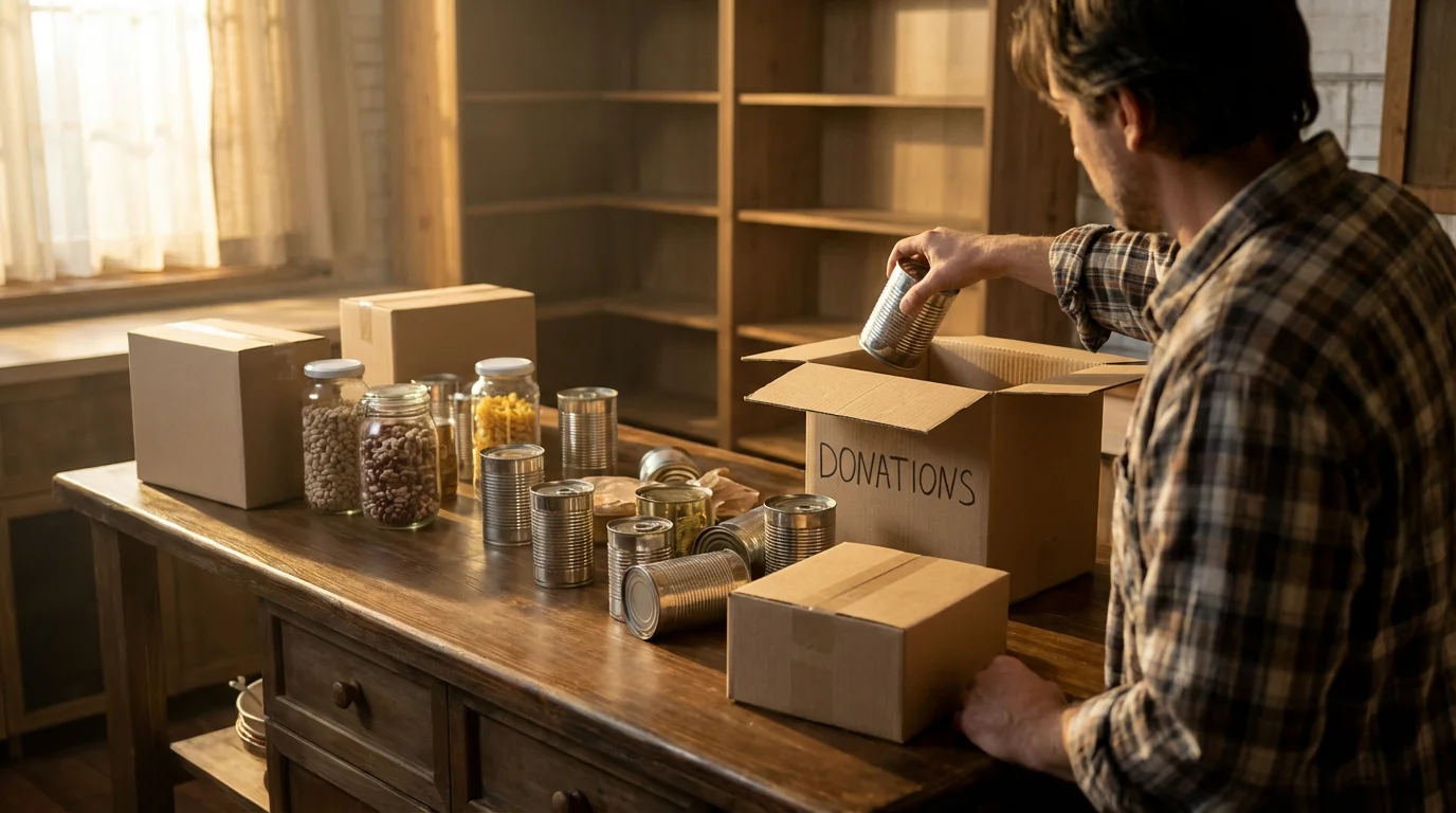 Over-the-shoulder view of a person decluttering pantry items on a kitchen island.