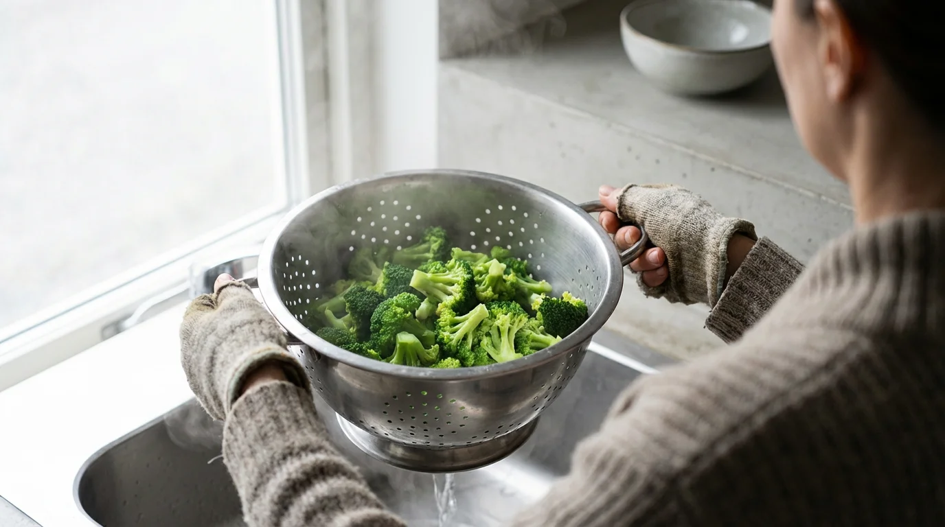 Over-the-shoulder view of a person draining hot, steaming broccoli in a large steel colander.