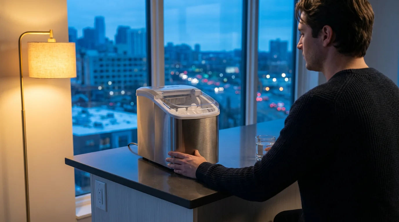 Over-the-shoulder view of a person looking at a countertop ice maker in a kitchen.